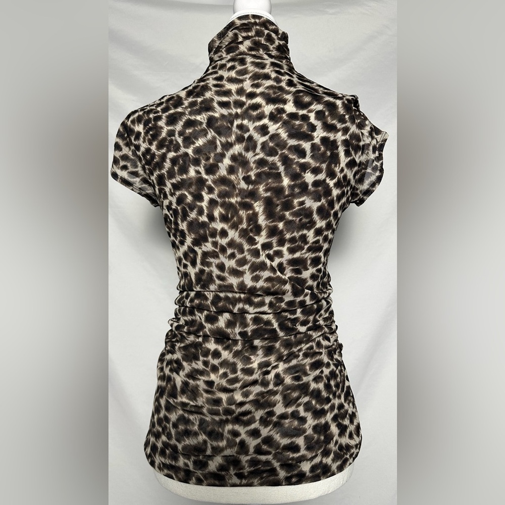KENNETH COLE Animal Print‎ Mesh Ruched Turtle Neck Y2K Short Sleeve Size PM - Picture 3 of 5